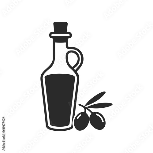 Black and white olive oil bottle illustration with olives and leaves