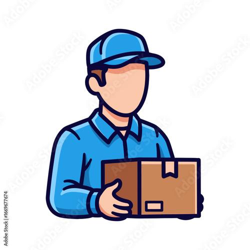 Cartoon illustration of a delivery person in a blue uniform and cap, holding a package.
