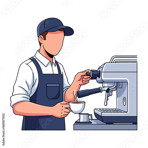 A male barista in an apron and cap preparing a cup of coffee using an espresso machine.
