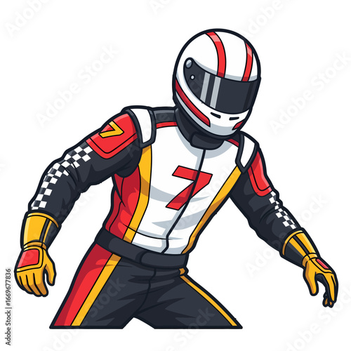 Cartoon illustration of a race car driver in a red, white, and black racing suit with number 7 and a helmet