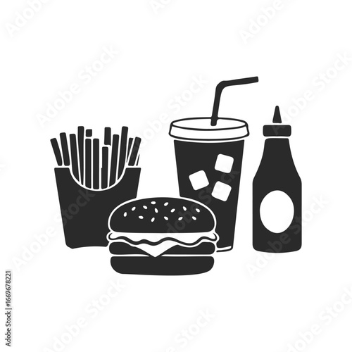 Fast food icons: burger, fries, drink, and ketchup silhouette