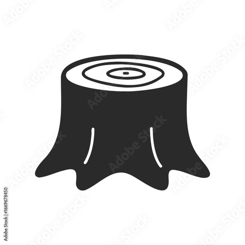 Silhouette of a tree stump with rings and roots on white background