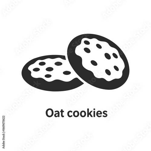 Black and white illustration of two oat cookies with chocolate chips