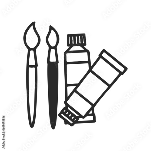 Art supplies: paintbrushes and paint tubes