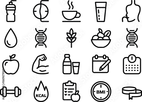 Health and fitness icons vector set for healthy lifestyle diet plan and weight loss program design elements
