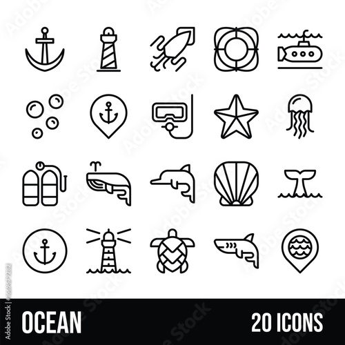 Twenty ocean icons representing marine life and navigation
