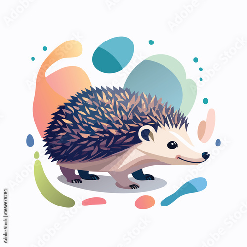 Cute hedgehog illustration with colorful abstract shapes in modern flat design.