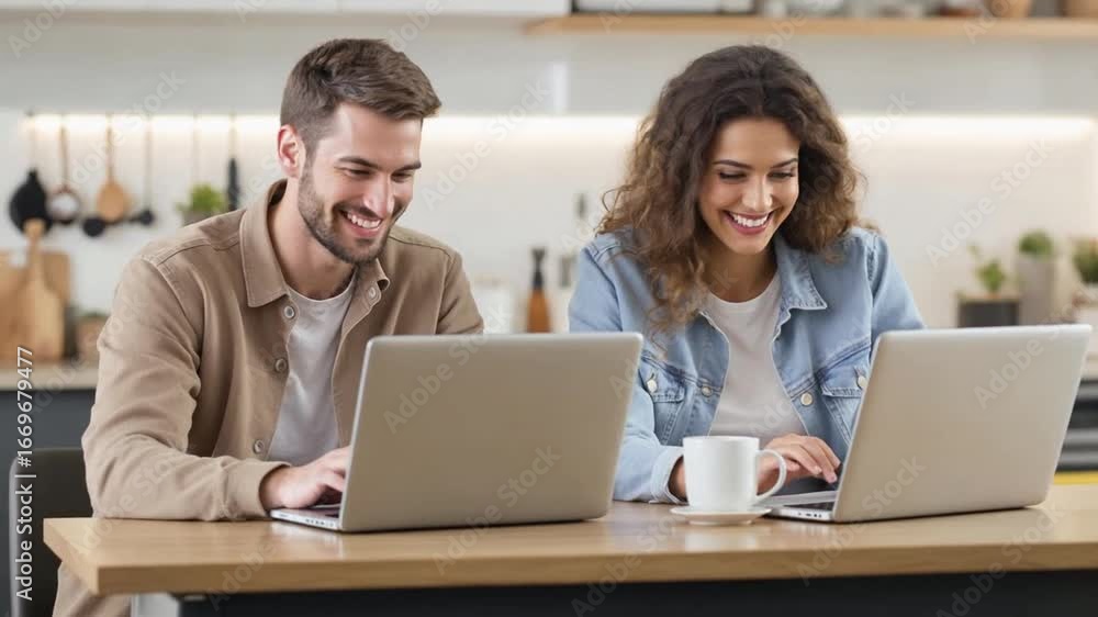 Couple working together on laptops in modern kitchen café during bright morning hours Couple working together on laptops in modern kitchen café during bright morning hours