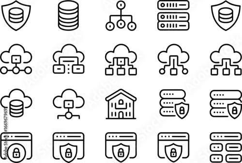 Outline icons of cloud computing, database, servers, network, security and web hosting services design 96