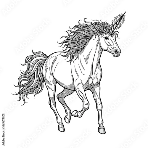 A beautiful black and white line art illustration of a trotting unicorn with a flowing mane.