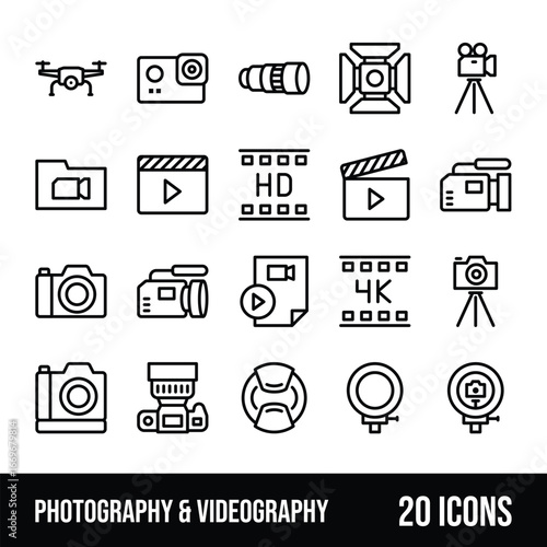 Photography and videography showing cameras, drones, and video play icons