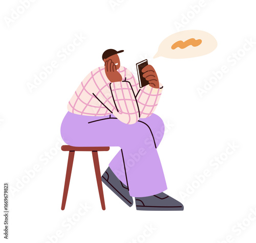 Man texting on mobile phone. Happy smiling guy sitting with smartphone, onlin...