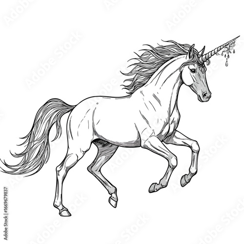 A beautiful black and white line art illustration of a majestic prancing unicorn with a flowing mane and decorated horn.