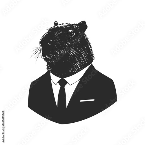 Capybara in suit: elegant headshot illustration of a dapper rodent