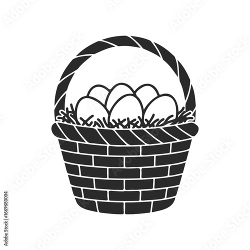 Black silhouette of a basket with eggs and handle on white background