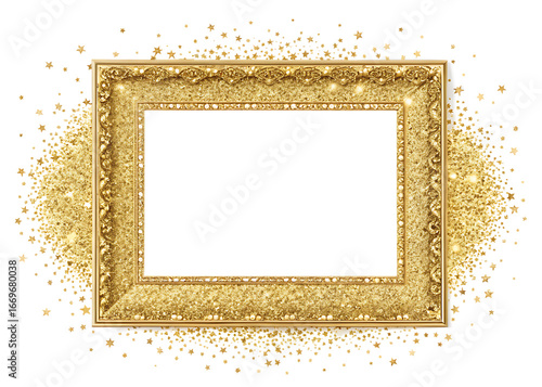 Ornate Gold Picture Frame with Sparkling Star Confetti Border on White Background gold frame decorative isolated on a transparent background