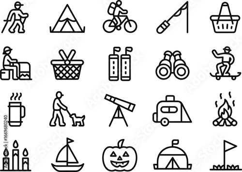 Outdoor recreation icons set camping hiking biking and more vector illustration line art design style