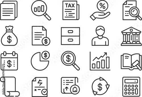 Financial accounting and bookkeeping vector icons set for business and tax preparation use