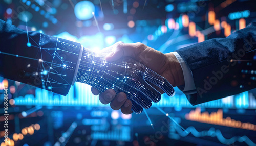 Handshake of Progress: A futuristic fusion of human and technological collaboration, symbolizing a groundbreaking partnership in the ever-evolving landscape of innovation and business