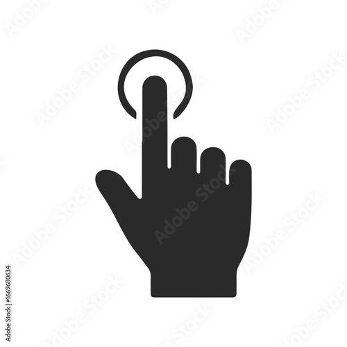 Black silhouette hand icon pressing button on white background