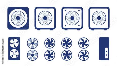 Illustration of blue computer fans and pc case components in various styles and configurations