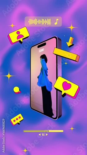 Video ad. Young woman spinning with excitement in live smartphone video stream. Concept of creative self-expression, social media energy, modern communication, digital lifestyle, and parallax effect.
