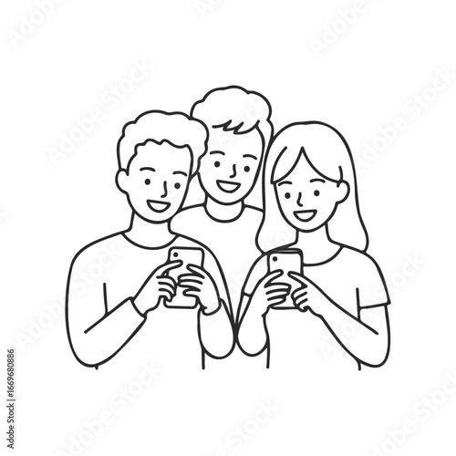 Group of happy young adults using smartphones together