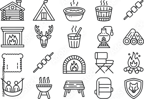 Sauna and camping icons vector set: cabin, tent, hot tub, fireplace, grill, campfire and more vector
