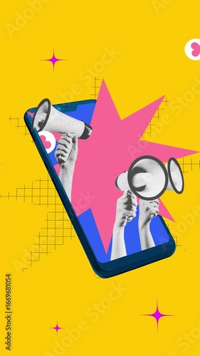 Stop motion animation. Megaphones bursting from smartphone screen with bold communication energy. Concept of marketing, social engagement, advertising, modern digital voice, and parallax effect.