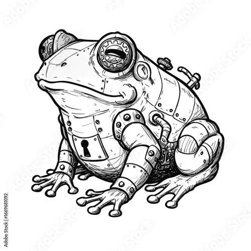 A detailed black and white line art illustration of a mechanical steampunk frog with gear eyes and a keyhole.