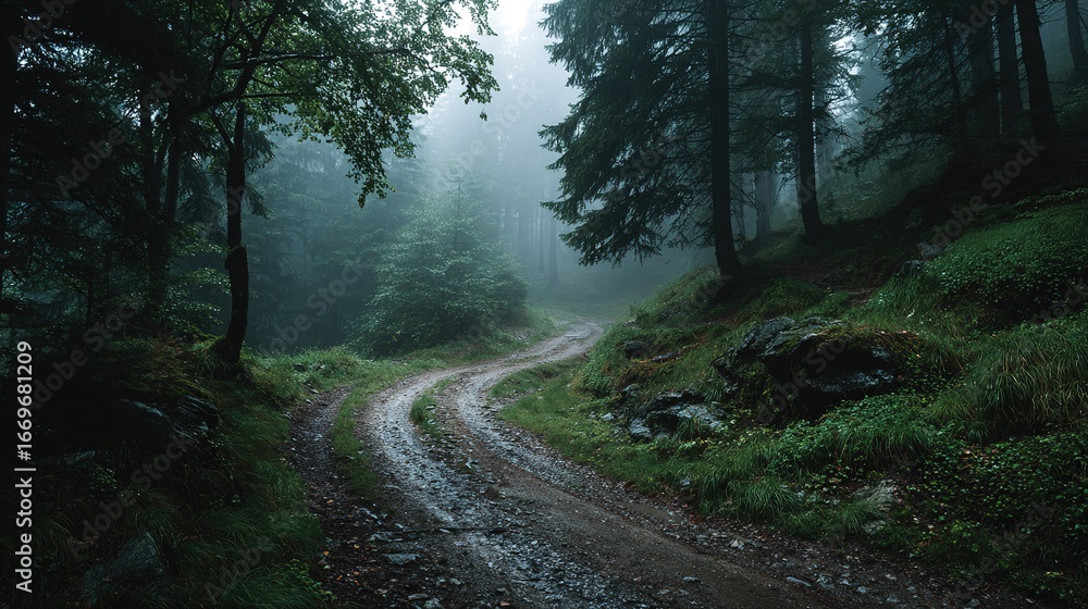 Fototapeta premium Forked Path in Misty Deep Forest, Mysterious Outdoor Landscape