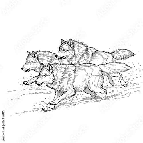 A dynamic black and white line art illustration of a pack of three wolves running through the snow.