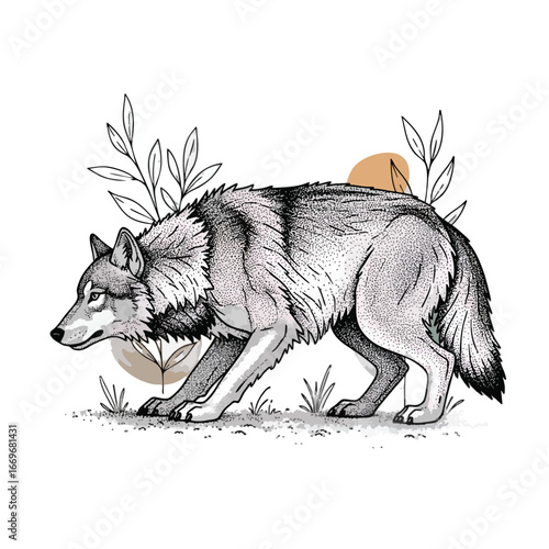 A detailed handdrawn illustration of a gray wolf stalking through a natural stylized landscape.
