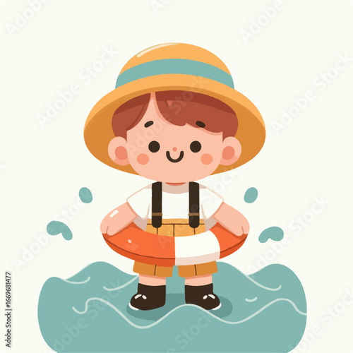 flat illustration of a child wearing a life jacket