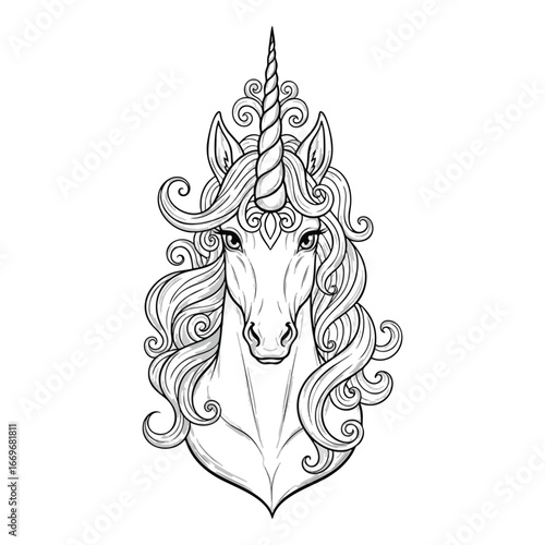A majestic unicorn head with a swirling horn and an ornate flowing mane depicted in detailed black and white line art.
