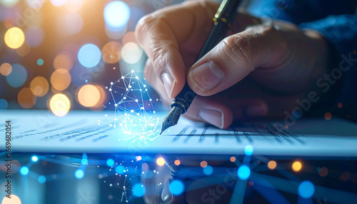 Signing Digital Contract: Close-up of a hand elegantly signing a digital contract with a fountain pen, amidst a glowing network of interconnected dots and lines.