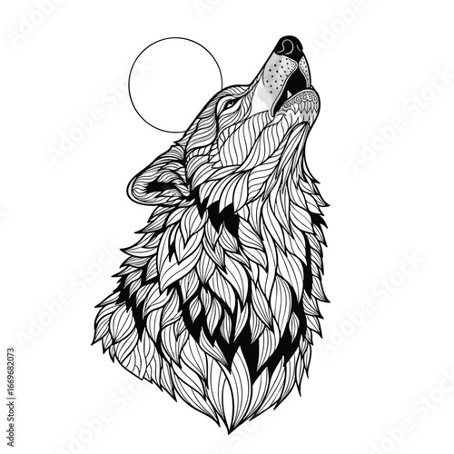 A stylized black and white line art illustration of a wolfs head howling at the moon.