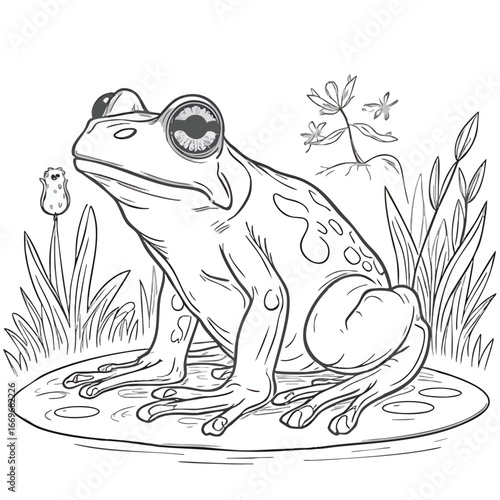 Coloring page line art of a largeeyed spotted frog sitting patiently on a lily pad.