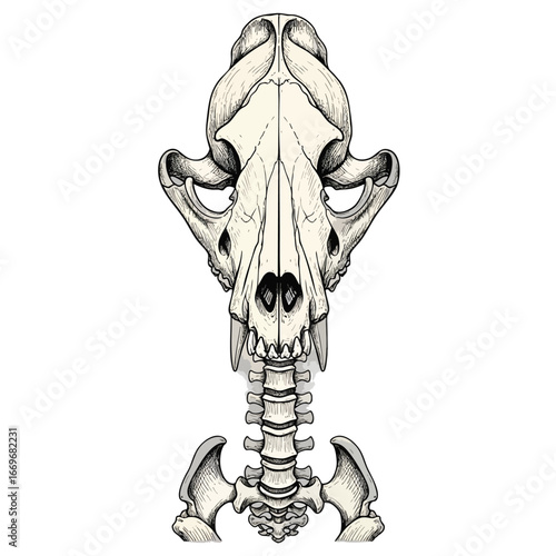Anatomical illustration of a canine skeleton showing the skull spine and pelvis from a dorsal view.