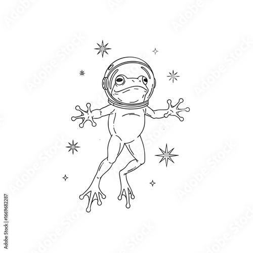 Cute cartoon frog astronaut floating weightlessly among the stars in a line art style.