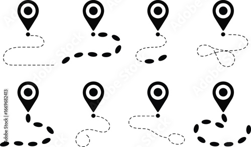 Location pin icon vector illustration with dotted path for gps navigation and destination route map