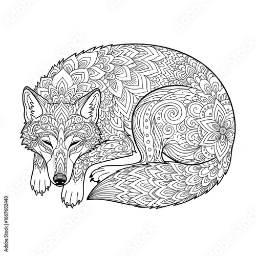 Curled sleeping fox with intricate zentangle and mandala patterns for an adult coloring book page.