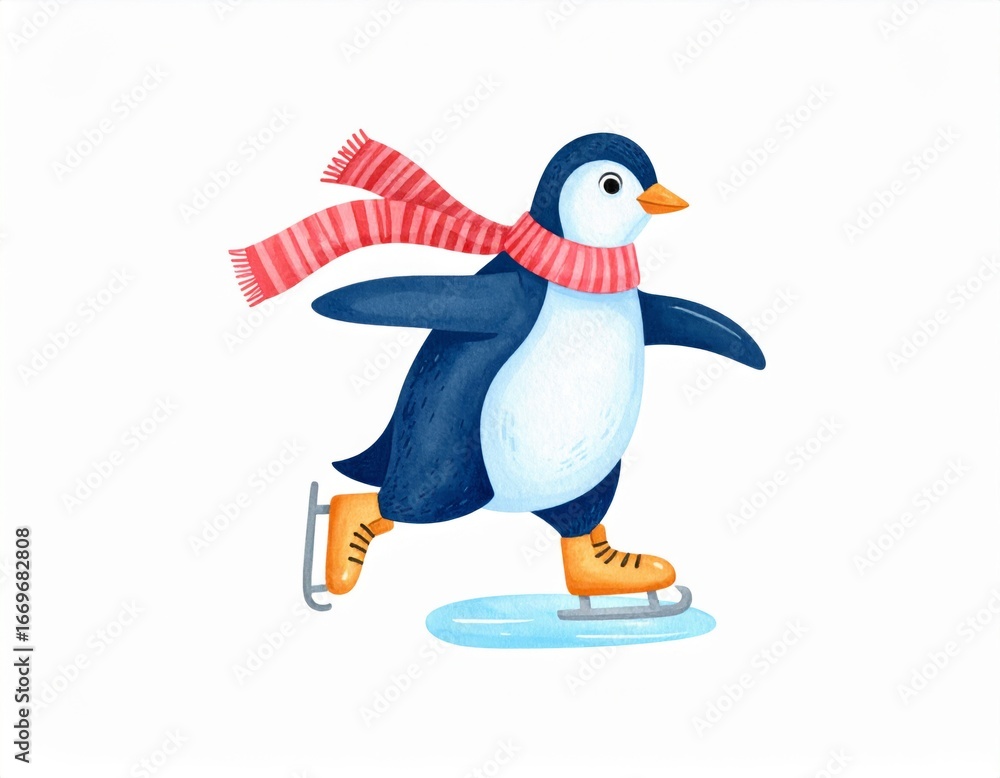 Obraz premium Animated Penguin Ice Skating with Red Striped Scarf on White Background Illustration