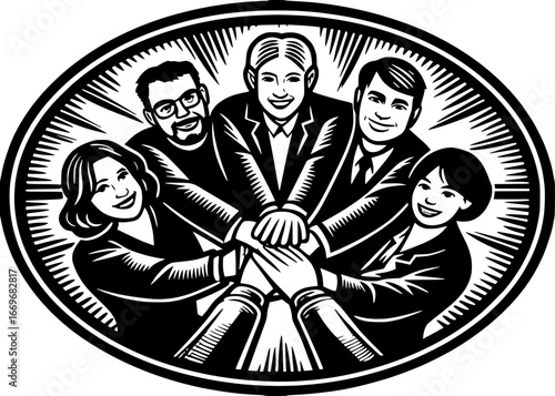 Group of office employees putting hands together, teamwork and unity concept, flat vector illustration, white background