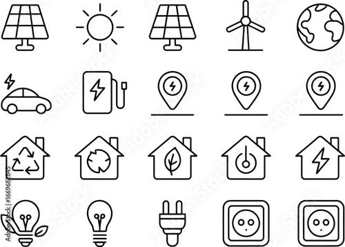 Eco friendly energy and sustainability icons for renewable resources and green power solutions vector set
