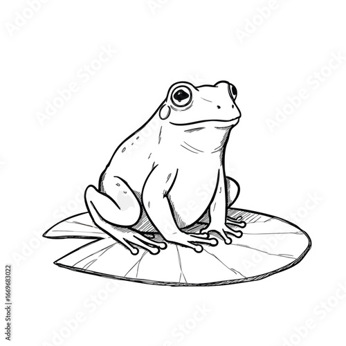 Handdrawn illustration of a calm frog resting on a floating lily pad.
