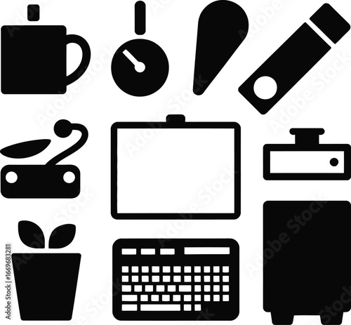 Office objects and technology icons stopwatch teardrop
