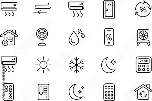 Air conditioning hvac system vector icons set for home climate control and weather forecast symbols