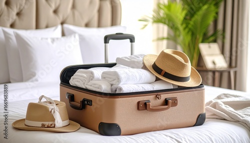 Traveler’s Open Suitcase and Luggage on a Luxury Hotel Bed Surrounded by Clothes and Accessories in an Elegant Room for Tourism, Holiday, and Journey Themes