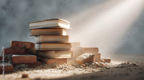 Stack of books on construction bricks with sunlight and dust particles, symbolizing knowledge and building foundations.